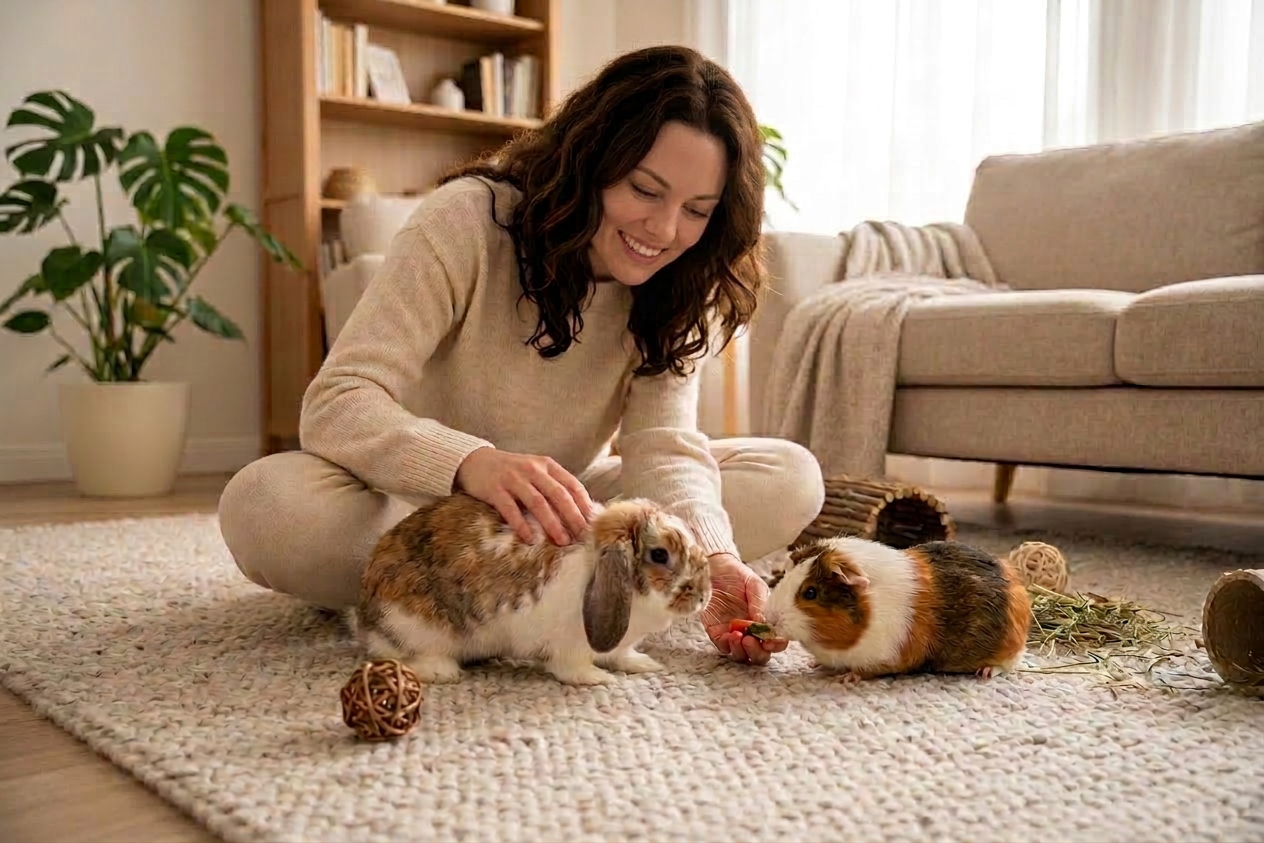 Woman sitting on a couch smiling while holding a rabbit and guinea pig